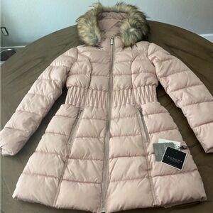 LAUNDRY BY SHELLI SEGAL Women 3/4 Puffer Cinched Waist Faux Fur Hood Dusty Pink